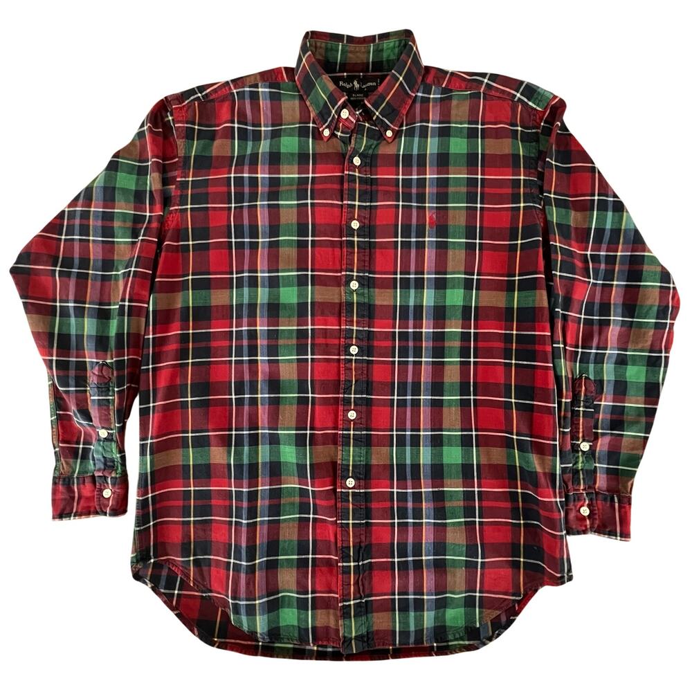 Vintage 90s Ralph Lauren Plaid Shirt Blaire Mens M Red Pony Cotton Button Down